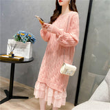 Medium-Long Lace Stitched Sweater Dress Dress Women 2025 Autumn Dress New Korean Version Of Pure Color Jersey Knitted Knitwear HZ0108