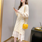 Medium-Long Lace Stitched Sweater Dress Dress Women 2025 Autumn Dress New Korean Version Of Pure Color Jersey Knitted Knitwear HZ0108