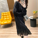 Medium-Long Lace Stitched Sweater Dress Dress Women 2025 Autumn Dress New Korean Version Of Pure Color Jersey Knitted Knitwear HZ0108