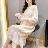 Medium-Long Lace Stitched Sweater Dress Dress Women 2025 Autumn Dress New Korean Version Of Pure Color Jersey Knitted Knitwear HZ0108