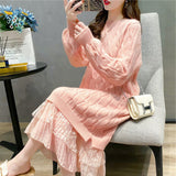 Medium-Long Lace Stitched Sweater Dress Dress Women 2025 Autumn Dress New Korean Version Of Pure Color Jersey Knitted Knitwear HZ0108