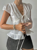 French Girl Lace Spliced Folded Bubble Sleeve With Shirt V-Neck Repair Lotus Leaf Blouse Woman HZ0108