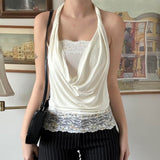 Ins White Collar Hanging Neck Lace Sling Vest Female Summer Design Tice Tidly Blouse HZ0107