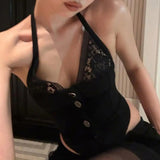 Sexy Style Retro Modern Fashion Skirt Women's Lace Splicing Hanging Neck Vest + Solid Color A Word Skirt HZ0108