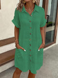 2025 Casual Solid Cotton Buckle Long Short-Sleeved Loose Shirt Dress Women's Dress HZ0108