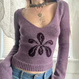 Mid-Winter 2025 New Lazy Comfortable V-Neck Flower Knitting Blouse Purple Gentle Wind Long-Sleeved Sweater Woman HZ0107
