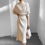 The Waist Display Thin Cross-Collar Knitted Dress Women 2025 Autumn And Winter With Coat V-Neck Long Bottom Sweater Dress HZ0108