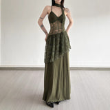Gothic Retro Style Lace Splicing V-Necked Sling Dress Woman 2025 Sensior Ancient Sense Perspective A Swing Dress HZ0107