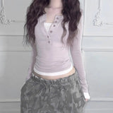 Spice Girl Style Half-Buckle V-Neck Fake Two T-Shirts In The Autumn New Dress-Up With A Bottom Shirt Woman HZ0107