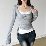 Draw Rope Folds To Collect Waist Thin Square Collar Two Buckles Bump Color Two Sets Of Long Sleeve Tops Slime Fashion Set T-Shirt HZ0107