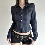 Vintage Style Blue Buckle V-Neck Shirt Babes Street Style Dress Buckle Design Long-Sleeved T-Shirt Girl HZ0107