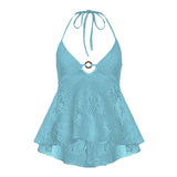 Bohemia Holiday Wind-Lwinded Back Strap Hanging Neck Sling Vest Hollow Ring Design V-Neck Lace Top HZ0107