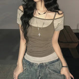 Pure Hot Babes Hit The Color Repair Casual Two-Piece Blouse Summer Round Neck T-Shirt Folded Small Sling Girl HZ0107