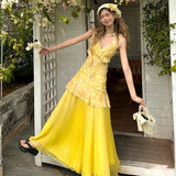 Dopamine Summer Sweet Holiday Windy Leaves Crumb Floral Dress Woman Waist Irregular V-Neck Vest Dress HZ0107