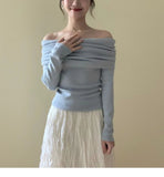 French High-Level Sense Shoulder Long-Sleeved Knitted Shirt Spring Temperament Gentle And Elegant Shoulder Chic Beautiful Little Blouse Tide HZ0108