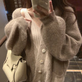 2025 Gentle Wind Soft Knitted Cardigan Women Loose Lazy Shoulder Sweater Coat V Collar Shawl Side Of The Women's Dress HZ0108