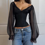 New Spice Girls Sexy Black Perspective V-Neck Chiffon Shirts Slim Slim Long Sleeve T-Shirts Summer HZ0107