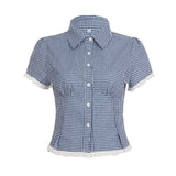 Lattice Lace Splicing Edge V-Neck Shirt Blue Vintage Hottie Waist Thin Cardigan Top Woman HZ0107