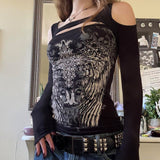 Y2K Dark Wind Street Personality Wing Print Long-Sleeved T-Shirt Design Hollow Irregularly Exposed Shoulder Dress Woman HZ0107