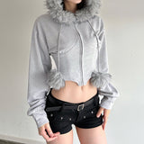Vintage Hair Splicing Hair Collar Zipper Short Hoodie Women Autumn And Winter New Hottie Waist Thin Coat Tide HZ0107