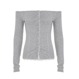 Pure Lust Lace Lace Splicing A Collar Collar Buckle Blouse Hottie Slim Thin Long Sleeve Bottom Shirt T-Shirt Girl HZ0107