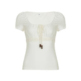 Pure Hottie Style Beads Drawstring Lace Splicing Short Coat Sweet Folded Side To Receive Short Sleeve T-Shirt HZ0107