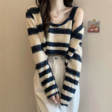 Striped Knitted Cardigan Female Design Sense Of A Small Pure Windy Hottie Short Top Summer Autumn Chic Sling Two Sets HZ0108