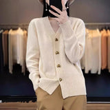 2025 Autumn And Winter New Pure Color Simple Knitted Shirt Love Buckle V Collar Women's Cardigan Outside The Loose Sweater Jacket HZ0108