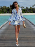 Summer Holiday Breeze Floral Dress Women's A-Shaped Dress Deep V-Neck Bubble Sleeves Slimmed Back Thin Babes HZ0108