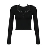 Pure Babes Tight Skinny Solid Color Lace Lace Splicing Collar Long Sleeve Blouse Buckle Hanging Neck Strap T-Shirt HZ0107