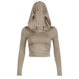 Street Wasteland Hooded Collar Folded T-Shirt Girl Long Sleeves Umbilical Solid Color Base Blouse HZ0108