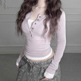 Spice Girl Style Half-Buckle V-Neck Fake Two T-Shirts In The Autumn New Dress-Up With A Bottom Shirt Woman HZ0107