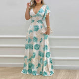 Spring 2025 New Women's Elegant V-Neck Sexy Lotus Leaf Sleeve Print Dress HZ0108