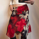 Vintage Flower-Print Mesh Splicing Irregular Dress Holiday Style Slim Low Waist Skirt 2025 Autumn HZ0107
