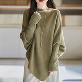 2025 Korean Version Of Loose Lazy Wind Soft Knitted Blouse Irregular High-Necked Solid Color Sweater Autumn HZ0108