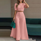 Autumn 2025 New Women's Sexy Round Collar Blouse High-Waist Broad Leg Trousers Fashion Casual Set HZ0108
