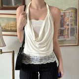 Ins White Collar Hanging Neck Lace Sling Vest Female Summer Design Tice Tidly Blouse HZ0107
