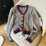 Vintage College Wind V-Neck Collidered Knitted R-Shirt 2025 Autumn/Winter New Ocean-Skinny Sweater Woman HZ0108
