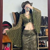 Sensian Retro-Winded Green Lace V Tie With Cardigan Blouse Hottie Sexy Perspective Horn Sleeve Open-Vumen Hooded Shirt HZ0107