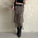 Vintage Irregular Open-Fork Mesh Double Leopard Half-Body Babes Street Low-Waisted Hips Thin Dress HZ0107