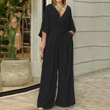 2025 Large-Size Women's Clothing In Broad-Legged Solid Color V-Neck Simple Fashion Jumpsuit HZ0108