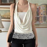 Ins White Collar Hanging Neck Lace Sling Vest Female Summer Design Tice Tidly Blouse HZ0107