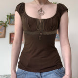 Pure Hottie Style Beads Drawstring Lace Splicing Short Coat Sweet Folded Side To Receive Short Sleeve T-Shirt HZ0107