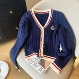 Vintage College Wind V-Neck Collidered Knitted R-Shirt 2025 Autumn/Winter New Ocean-Skinny Sweater Woman HZ0108