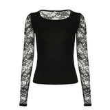 Lace Stitching Sexy Perspective-Deleted Back Short Blouse Hot Collar Slime Skinny Bottom Long Sleeve HZ0107