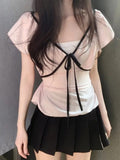 Sweet Bump Design With Reduced Age Cute Bow Knit T-Shirt Short-Sleeved V-Neck Thin T-Shirt Blouse Woman HZ0108