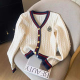 Vintage College Wind V-Neck Collidered Knitted R-Shirt 2025 Autumn/Winter New Ocean-Skinny Sweater Woman HZ0108