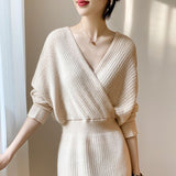 The Waist Display Thin Cross-Collar Knitted Dress Women 2025 Autumn And Winter With Coat V-Neck Long Bottom Sweater Dress HZ0108