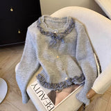 Korean Chic Wood Ear Splicing Round Collar Knitted Cardigan Women's Autumn Women's Autumn Design Bow Sweater Coat HZ0108