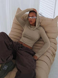Street Wasteland Hooded Collar Folded T-Shirt Girl Long Sleeves Umbilical Solid Color Base Blouse HZ0108